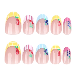 Short oval press-on nails set featuring summer fruit patterns and colorful French tips