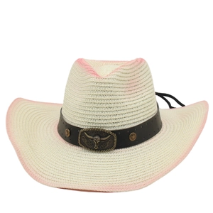 Panama straw hat with pink gradient edges and a metal bull head buckle decoration