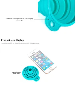 Close-up of mint green collapsible silicone funnel with 7.5cm base and hanging hole