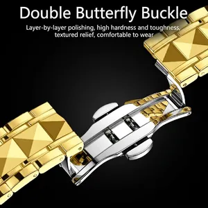 Men's luminous quartz watch with two-tone silver and gold steel band and diamond case