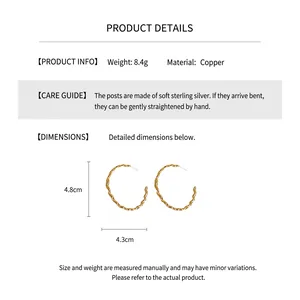 Detailed size specifications for gold wavy C-shape earrings with silver pins and copper base