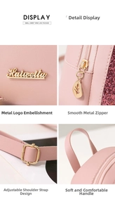 Detail of pink sequin leather backpack with leaf zipper and gold metal logo plaque