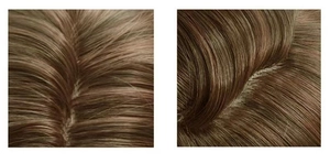 Close-up of realistic scalp parting and brown ombré texture on synthetic wig