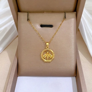 Honeybee Round Pendant Necklace Stainless Steel Chain Copper Micro Pave Zirconia Elegant Fashion Jewelry For Women