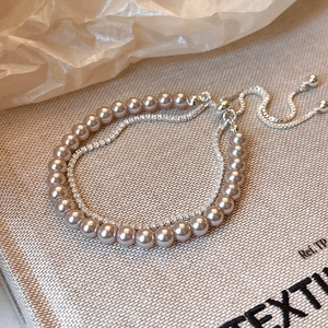 Double-layered rose pearl and zircon adjustable bracelet with silver sliding clasp