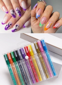 Detailed set of 12 colors acrylic paint markers for DIY nail art in a clear plastic box