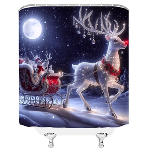 Christmas shower curtain featuring a reindeer sleigh with snowman under a full moon night