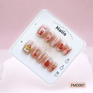 Handmade Pink Cat Eye Press On Nails Chinese Style Cute Cartoon Shiba Inu Lantern New Year Short Round Fake Nails For Women