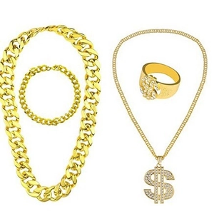 Gold hip hop jewelry set with dollar sign pendant necklace, cuban chain, and ring
