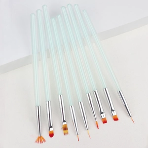 Nine professional nail art brushes with cyan translucent handles and ombre orange bristles