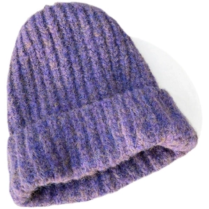 Thick purple mohair blend knit beanie with rolled edge and warm chunky rib texture