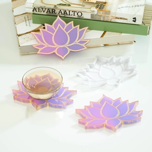 Lotus flower resin coaster silicone mold with iridescent finish and gold edges