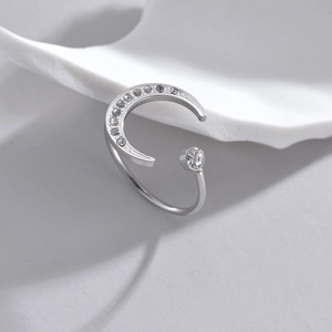 Elegant minimalist crescent moon and round cubic zirconia open ring in silver finish