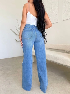 Back view of high-waisted wide-leg blue jeans showing pocket design and slim fit cut