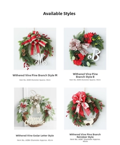 Detail of four festive Christmas wreaths with pine cones, red berries and holiday ornaments