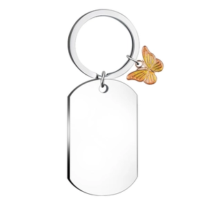 Polished stainless steel keychain with rectangular military tag and orange butterfly charm
