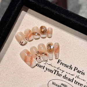 Handmade Press On Nails French Marble Gradient Rhinestone Gold Foil Champagne Elegant Luxury Aesthetic