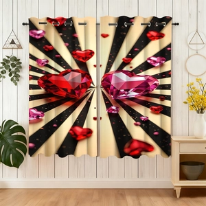 Detail showing the black metal grommet top and heart gemstone print on the velvet curtain