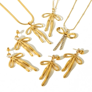 Bowknot Pendant Stainless Steel Necklace And Earrings 18K Gold Plated Zircon Ribbon Elegant Fashion Accessory For Women