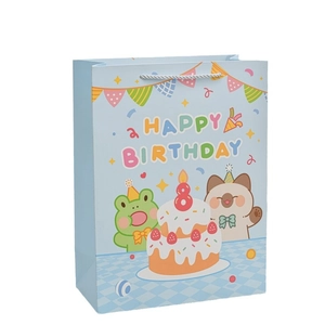 Light blue Happy Birthday paper gift bag with cartoon animals and double-layer cake pattern