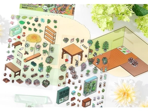 Detailed 2.5D illustration stickers featuring miniature plants and wooden furniture