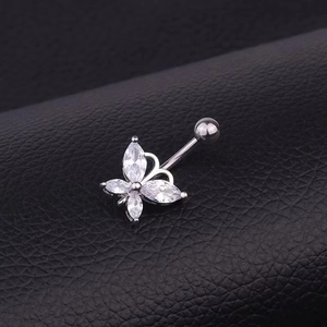 Elegant stainless steel butterfly belly ring with sparkling zircon on black leather