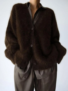 Deep brown faux mink cardigan with V-neck and single-breasted loose fit silhouette