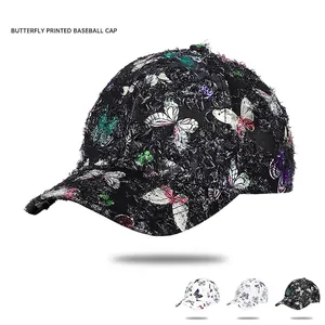 Berretto Da Baseball Con Stampa Farfalle Effetto Consumato Frange Streetwear Cappello Sole Regolabile Stile Retrò