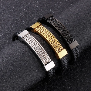 Three men's woven leather bracelets with magnetic clasps in silver, gold, and black colors