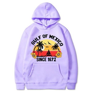 Lavender Gulf of Mexico Beach hoodie with tropical sunset graphic and kangaroo pocket
