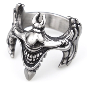 Gothic demon smile clown ring in vintage silver finish made of stainless steel