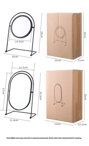 Detailed dimensions of iron frame desktop mirrors with packaging box sizes and specifications