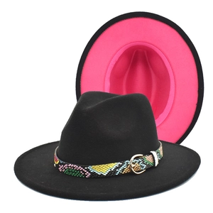 Two-tone wool fedora hat in black and magenta with a colorful snakeskin leather band