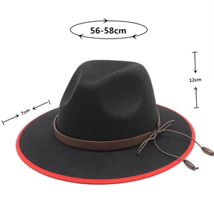 Black fedora hat detail showing red trim edges and dimensions 56-58cm head circumference