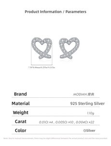 Macro detail of S925 sterling silver heart earrings with dimensions and weight data