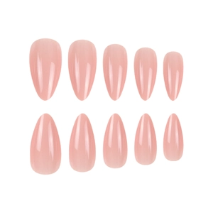 Coffret de 10 faux ongles brillants rose nude de forme amande sur fond blanc