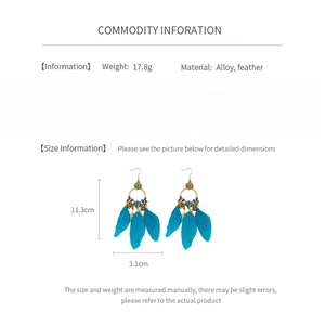 Spécifications de taille et détails des matériaux pour boucles d'oreilles plume bleue