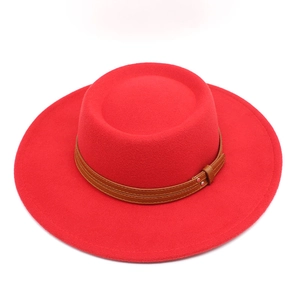 Red wool felt flat top boater hat with double buckle leather band and wide brim