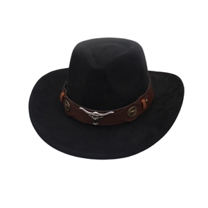 Sombrero vaquero negro clásico con banda marrón y adornos de cabeza de toro