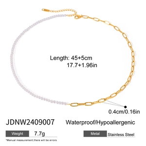 Detail view of pearl and stainless steel chain necklace with technical dimensions