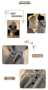 Detail of knitted balaclava hood with drawstring and button closure in multiple colors