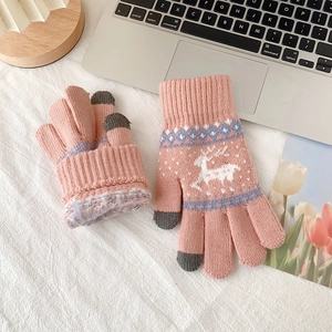 Roze wintergebreide handschoenen met elandpatroon, warme fleecevoering en touchscreen-tips