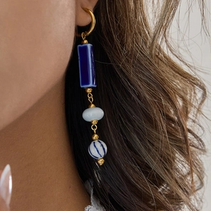 Retro blue ceramic tassel earrings with gold-tone stainless steel loops for women
