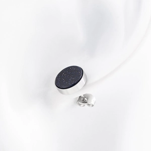 Minimalist round stud earrings in silver titanium steel with deep blue starstone