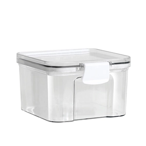 Clear plastic food storage container with white airtight locking lid for kitchen pantry