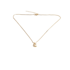Detail of gold-plated box chain necklace with a C-shaped pendant featuring micro-pave zircons