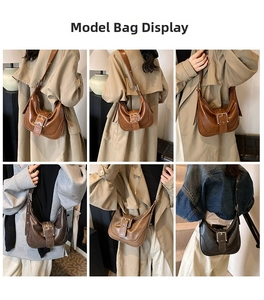 Hobo bag detail showing the adjustable metal buckle strap and textured leather finish