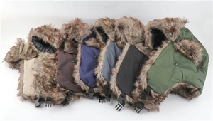 Detailed view of winter trapper hats in six colors with faux fur lining and buckle strap