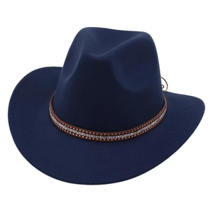 Navy blue western cowboy felt hat with wide brim and studded leather band for men and women