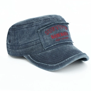 Detail of vintage washed cadet cap with red Survivor embroidery and distressed brim edge